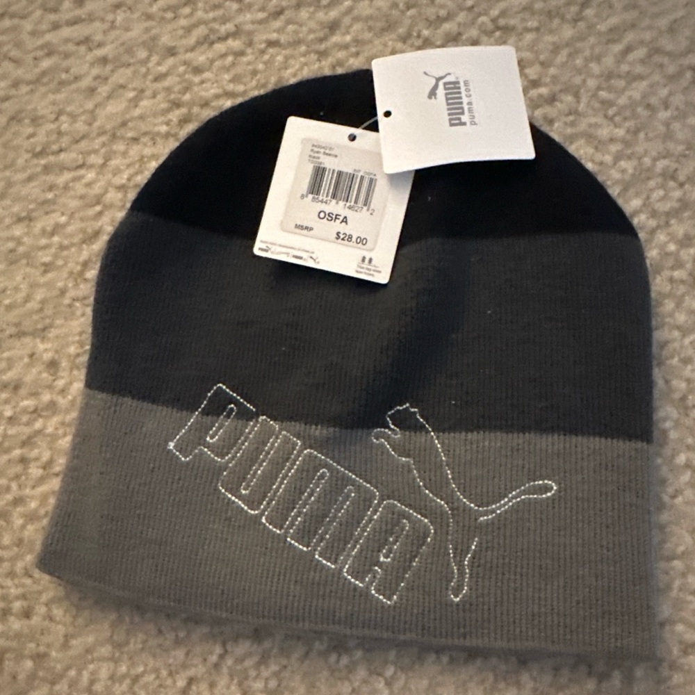 Puma Knit Beanie Black and Grey Stripe